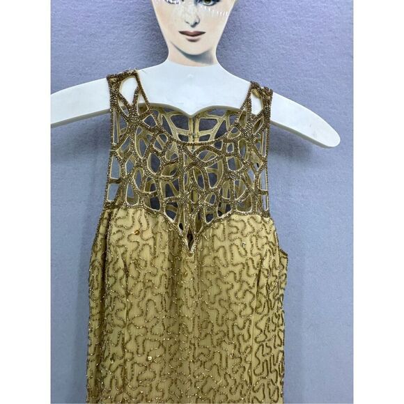 Vintage Y2K 90s Scala Gold Beaded Silk Slip Maxi Dress Gown Size S - Picture 5 of 12